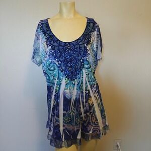 Dressbarn Blue Paisley Sheer Mesh Beaded Flutter Sleeve Top XXL Boho Summer